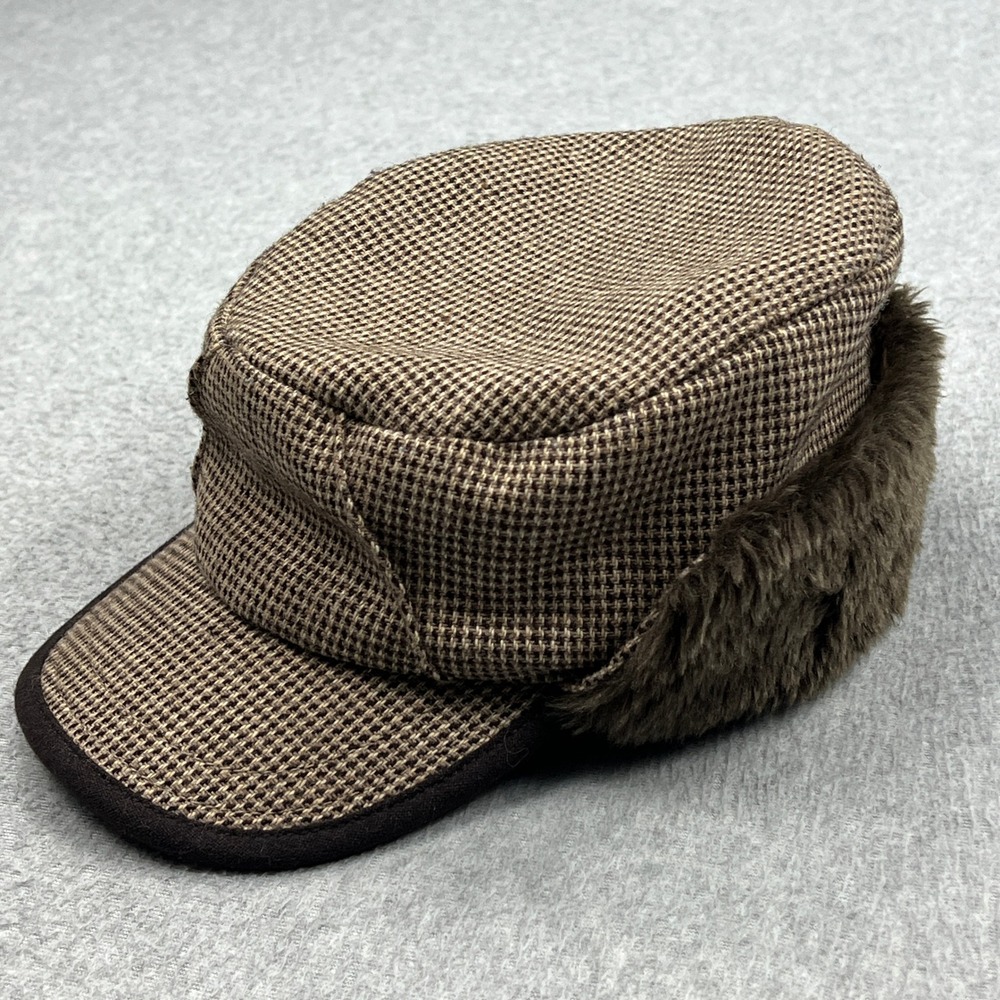 Goorin Bros Trapper Hat Mens Large Brown Houndstooth Wool Faux Fur Flaps Cap